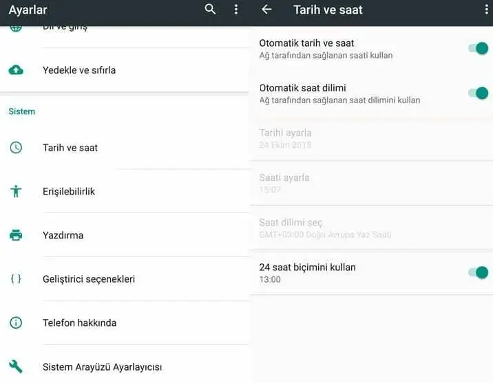 Android cep telefonda manuel saat ayarları