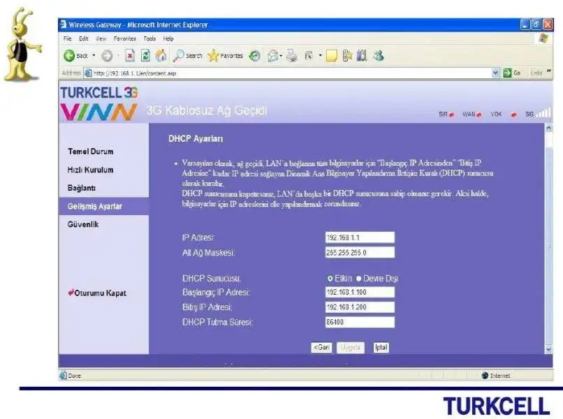 Turkcell Vinn Modem Kurulumu turkcell modem ip ayarları
