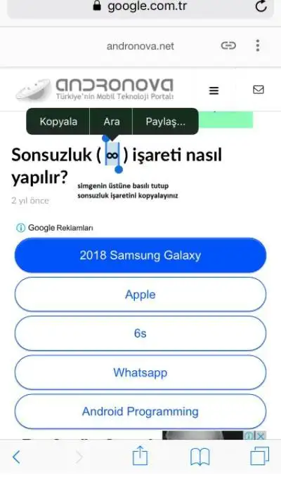 Telefonda Sonsuzluk İşareti Kopyala Yapıştır Sonsuzluk simgesi