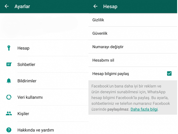 Android iPhone Whatsapp bilgi paylaşımı nasıl kapatılır?