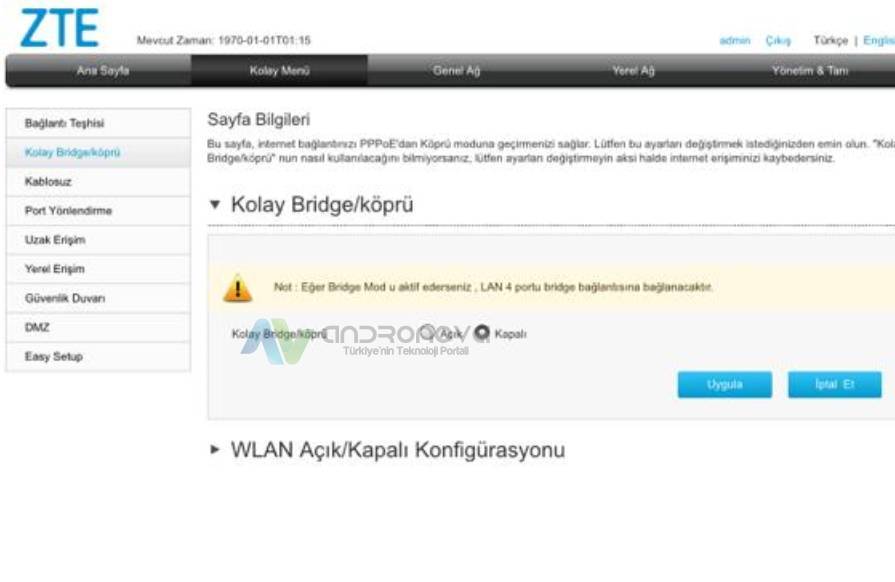 ZTE ZXHN H298A modem bridge köprü modu açma