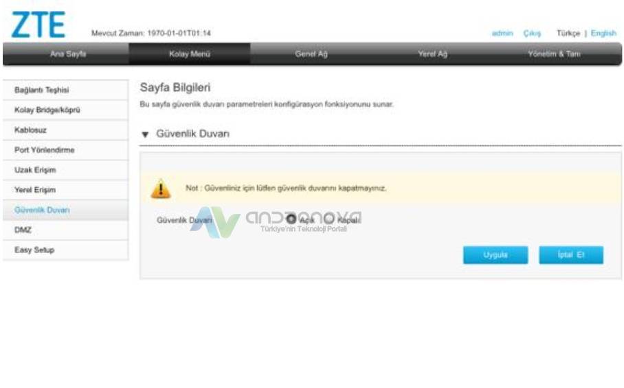 ZTE ZXHN H298A güvenlik duvarı kapatma