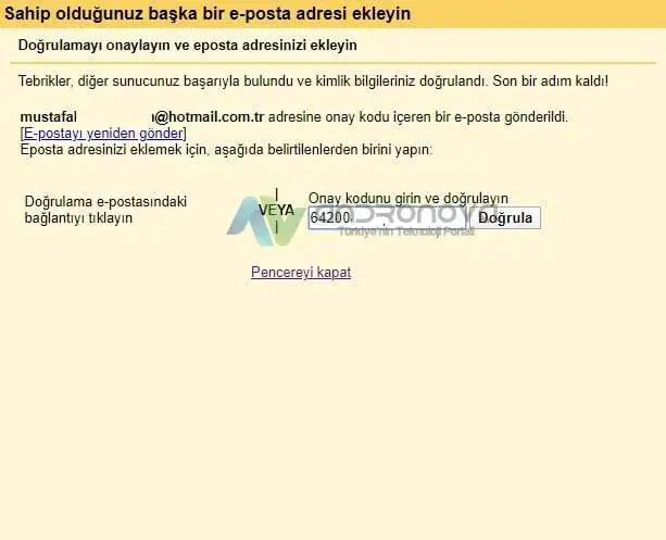 Tüm Mail Hesaplarını Bir Mail Hesabından Kullanma kod gelmedi ise tekrar gönder