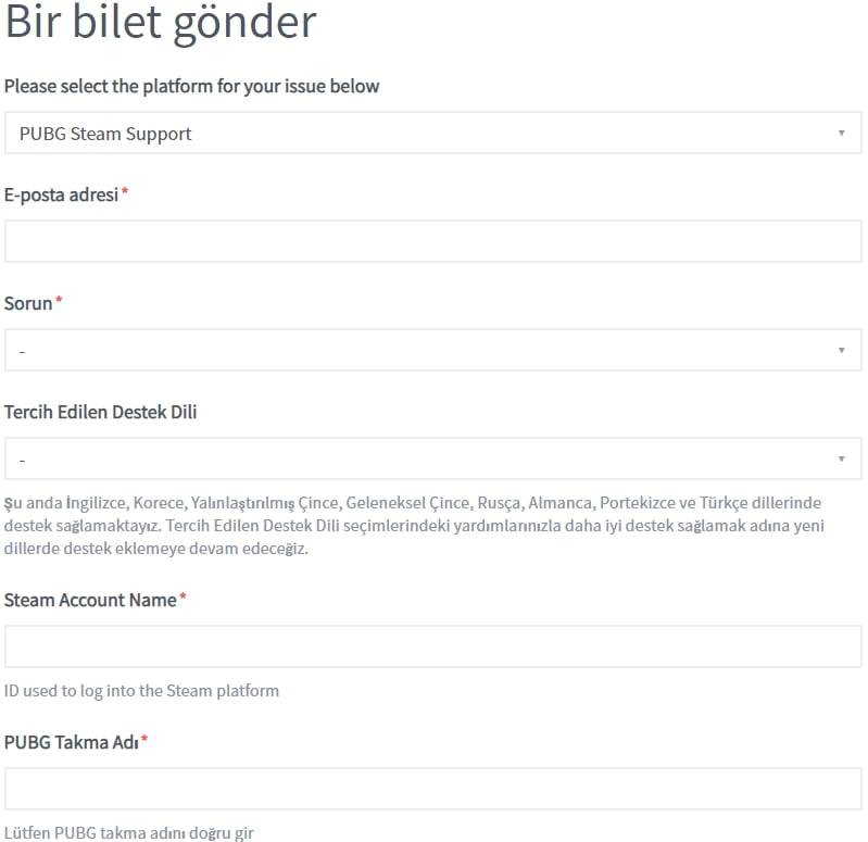 PUBG iletişim formları