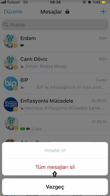 Bip grup mesajları silme