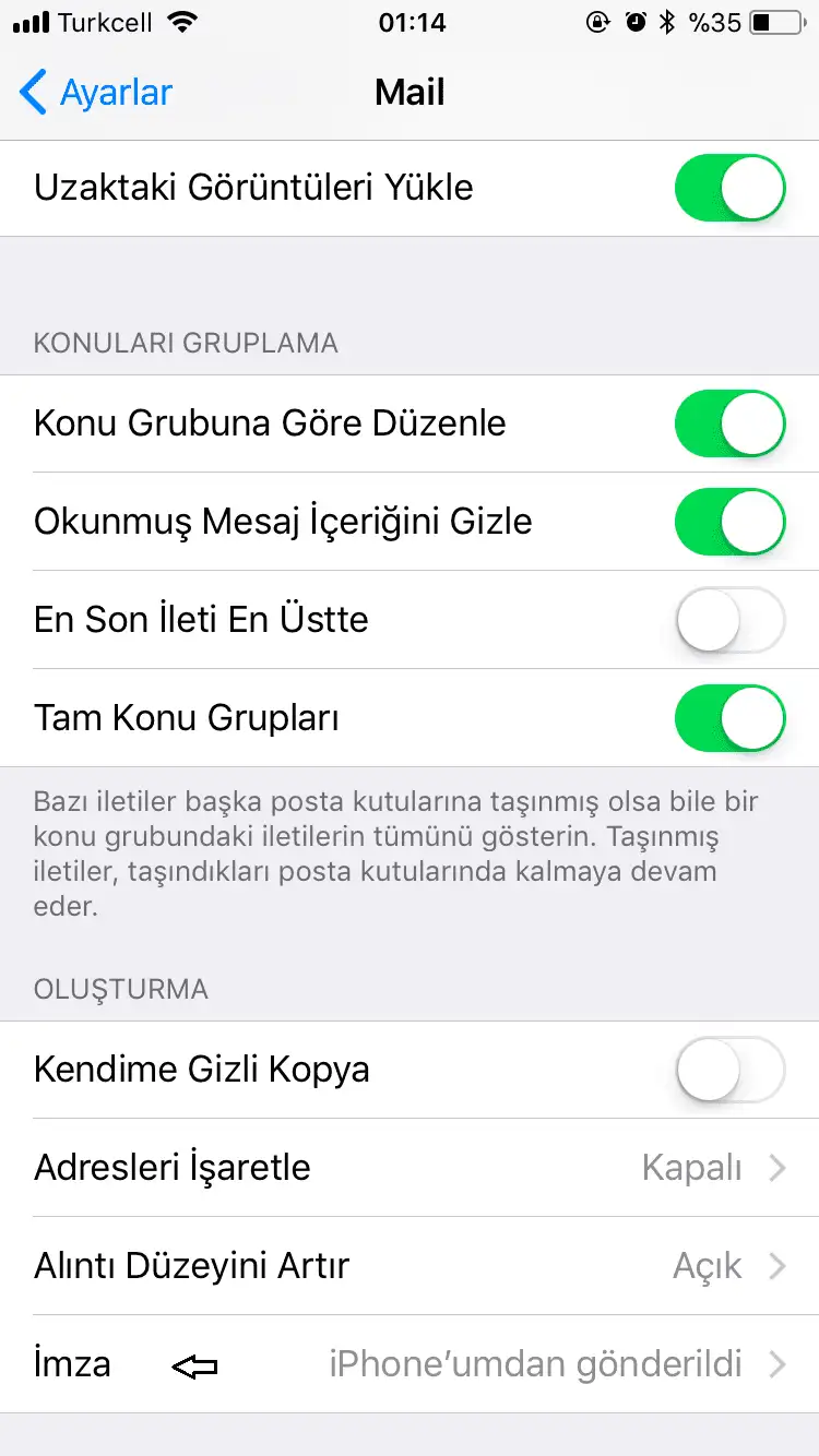 iPhone' umdan Gönderildi Yazısını Değiştirme iPhone telefonda mail imza ekleme