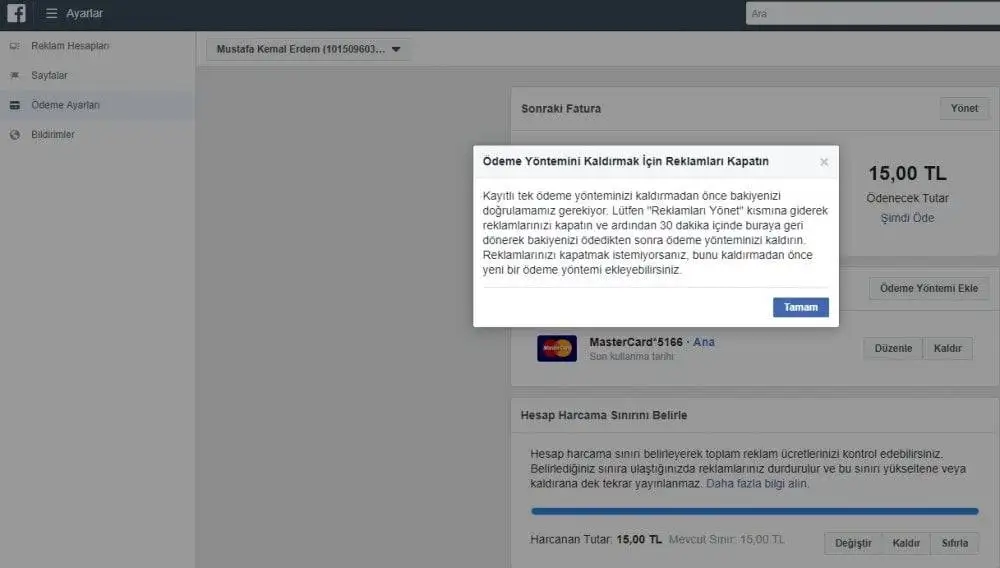 Facebook Reklamlardan Kredi Kartını Kaldırma reklamları durdurma