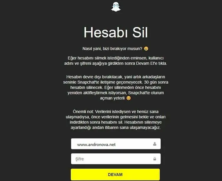 Snapchat Hesap Silme Link Bağlantısı Snapchat hesap kapatma alternatifi