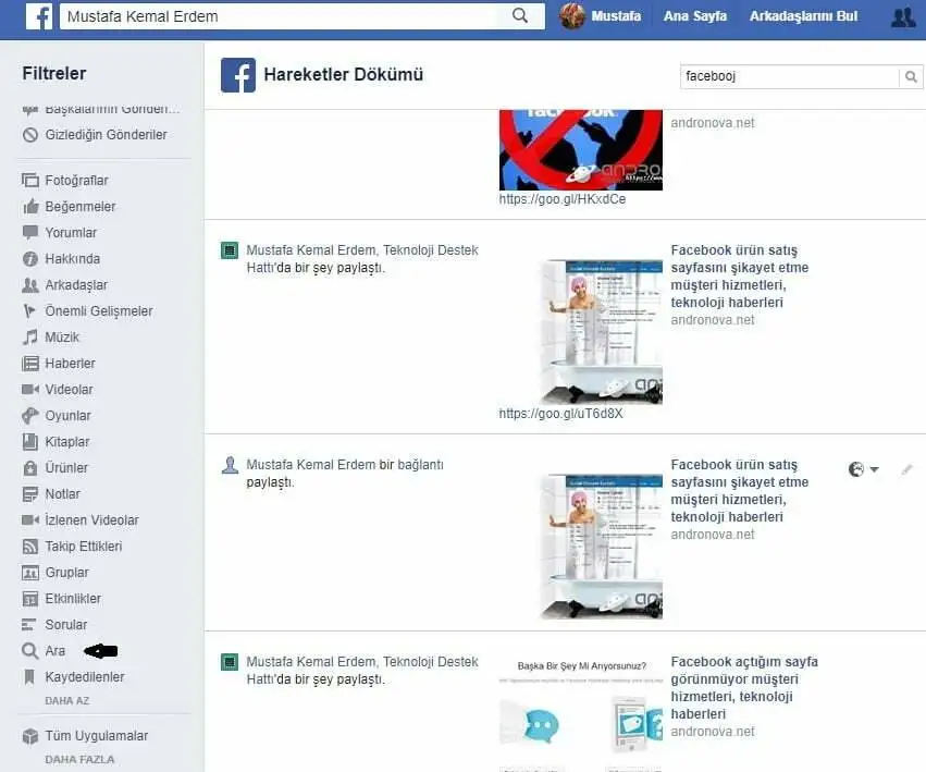 Facebook Hesabının Arama Geçmişini Temizleme Facebook hesabının arama geçmişini temizleme