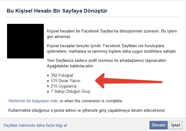 Facebook hesabını sayfaya çevirme dönüştürme