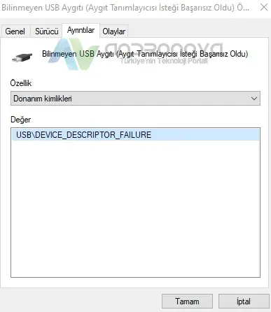 aygit tanimlayicisi istegi basarisiz oldu