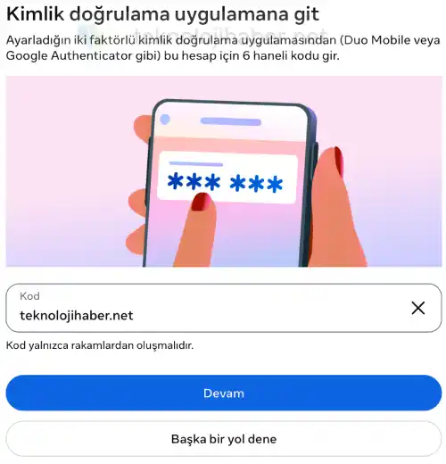facebook iki faktörlü doğrulama ekranı